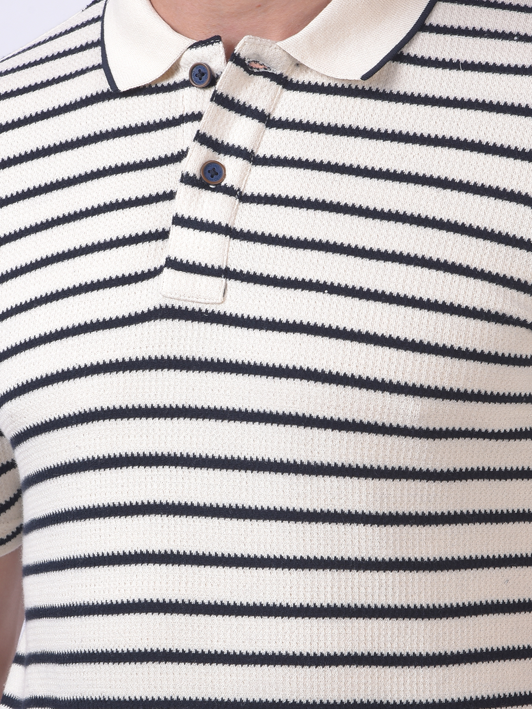 Numero Uno Men White & Black Knitted Stripe Polo Neck T-Shirt